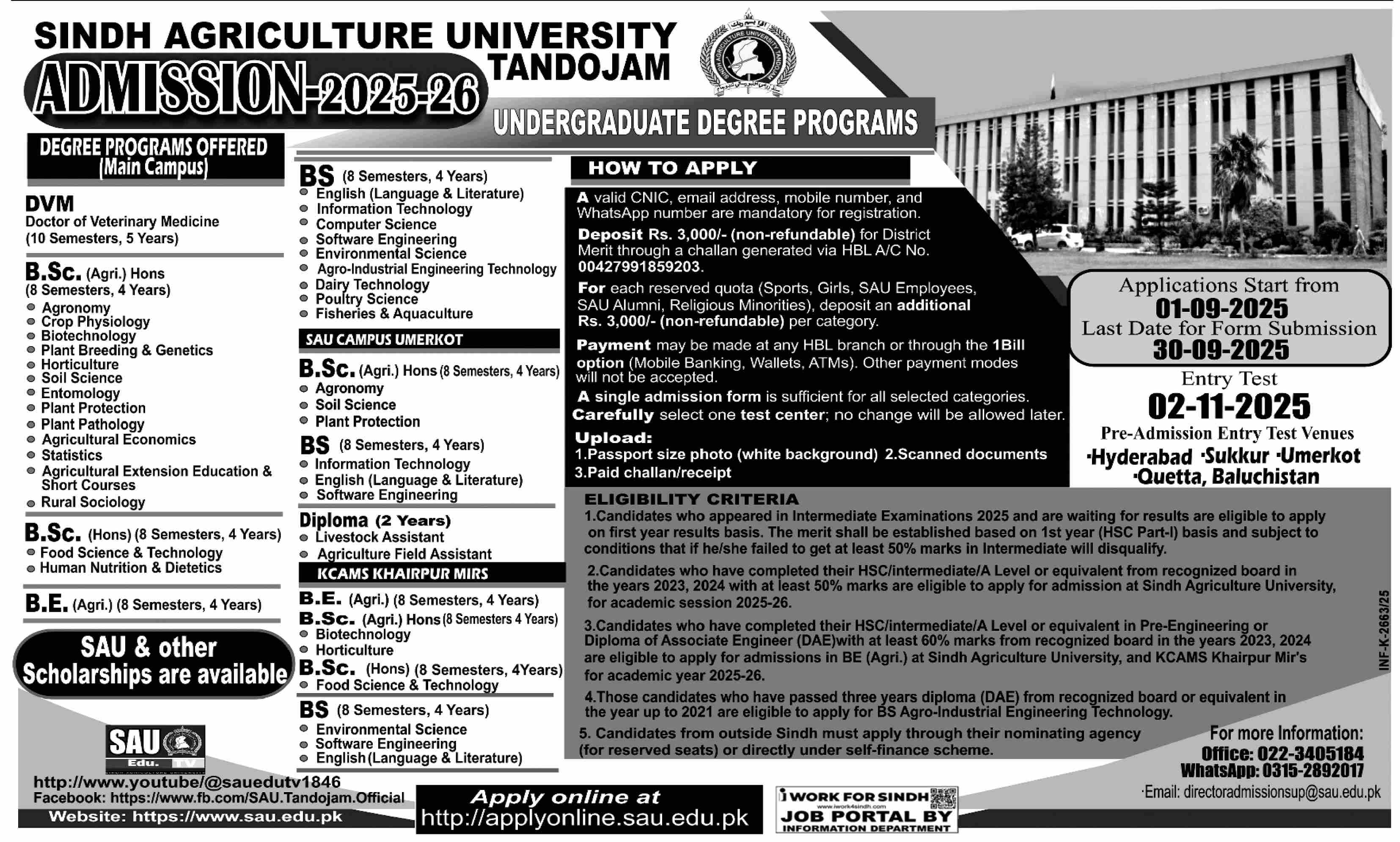 Admission Open in Sindh Agriculture University Tandojam